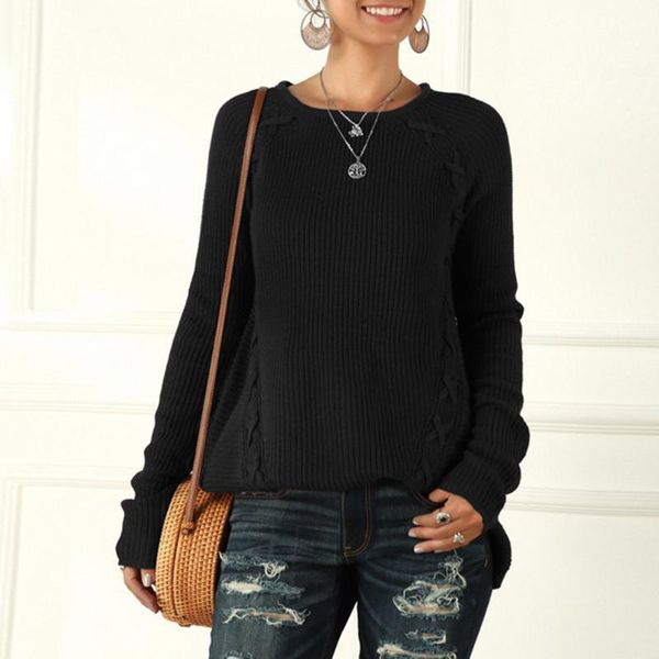 

europe america sweater autumn winter casual irregular string round neck knitting long sleeve hedging wool sweater1, White;black