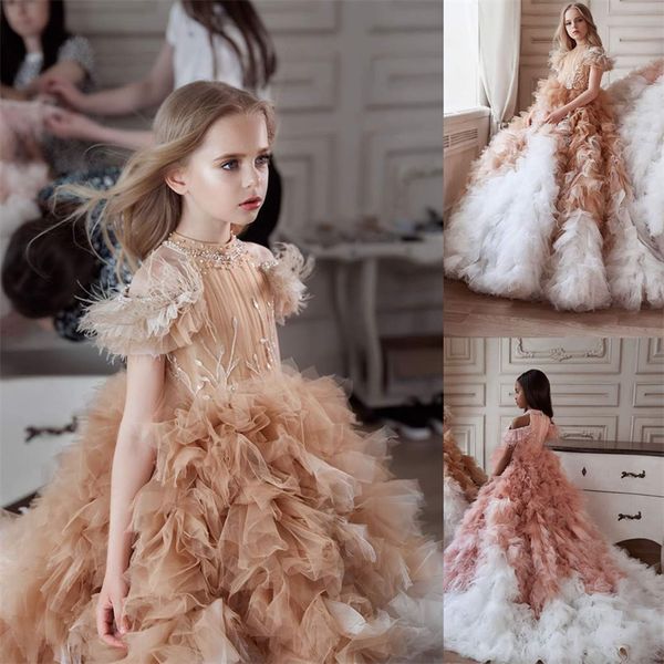 

luxury flower girls dresses tiered ruffles tulle appliqued lace beads first communion dress chic custom made high neck kids pageant dress, White;blue
