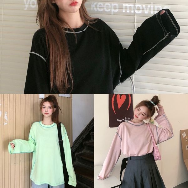 

w1tsr open line design loose women neck long pullover t-shirt sleeve pullover pulloverpulloverfor round autumn 2020 new fun cute korean t, White