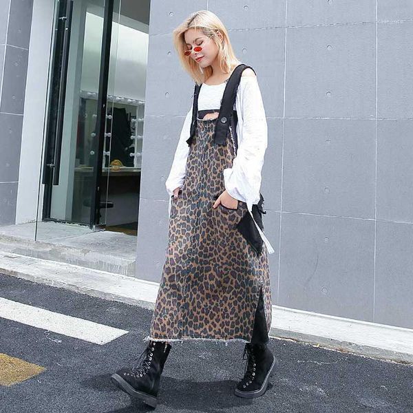 

2020 new women shoulder strap dress leopord pattern slit fashion sleeveless large size female outwear dresses loose fit slimming1, Black;gray