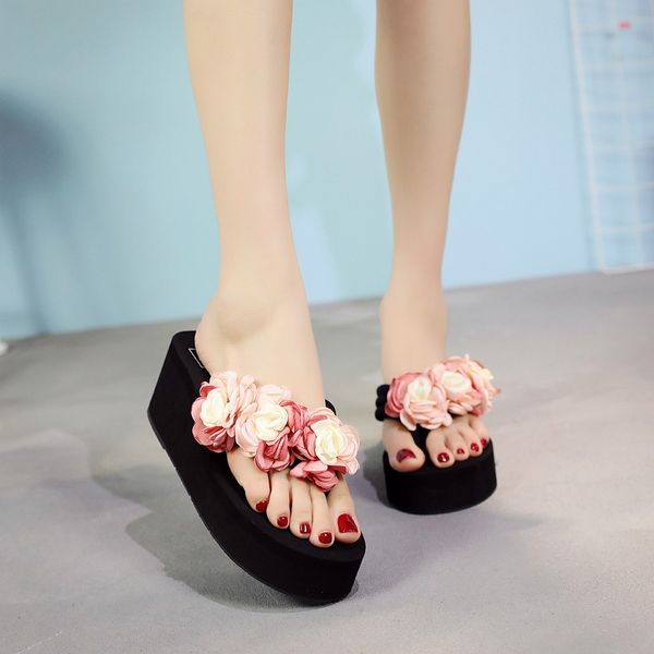 

fashion womens slippers slip-on open toe wedges summer heels color flower slipper shoes zapatillas de casa mujer#byy40, Black