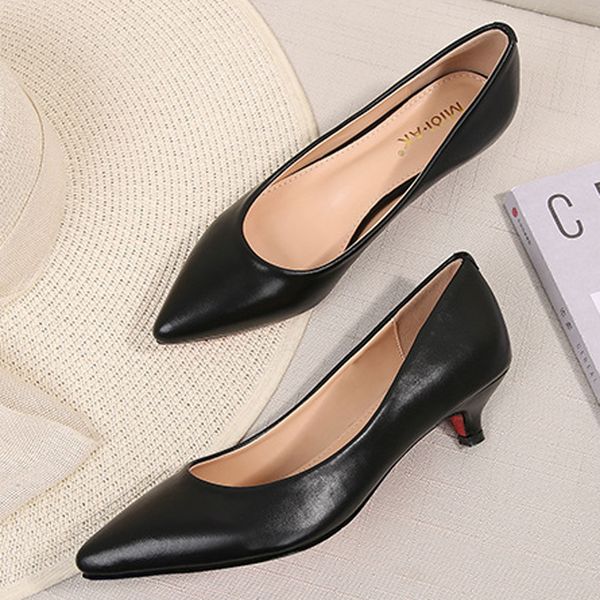 

ol style leather pumps women solid shoes low thin heels single shoes 3.5cm high heels ladies office work dress wedges pumps, Black