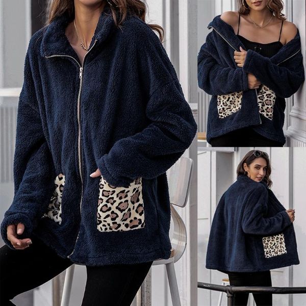 

autumn winter coat fashion women lady loose wool villus leopard print jacket blouse casual loose zipper warm coat outwear, Black;brown