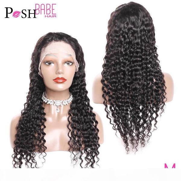 

13x6 deep wave lace front wig human hair malaysian long remy 180 density natural color transparent pre plucked wigs with bangs, Black;brown