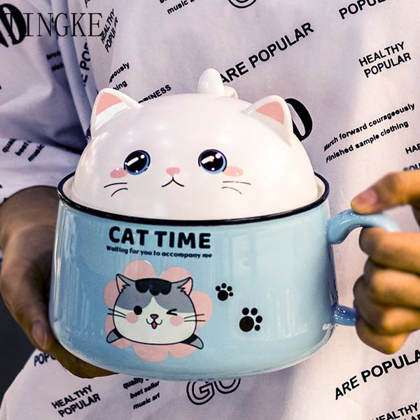 

tingke creativity high capacity spoon with lid ceramics instant noodle young girl dorm room student office super large bowl q0108