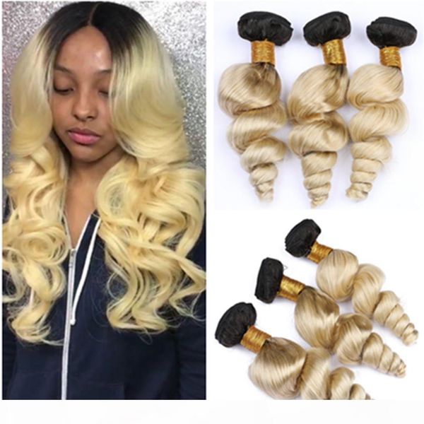 

ombre blonde loose wave human hair bundles black roots 3pcs #1b 613 blonde ombre brazilian virgin hair weave extensions double wefted, Black;brown