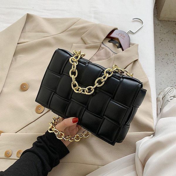 

fashion thick chain shoulder bag women's box ruched handbag 2020 new black pu leather messenger bags ftb306