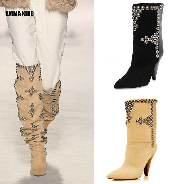 

studded nude suede ankle boots women's ankle boots pointed toe wedge heels short comfortable winter shoes for women, Black