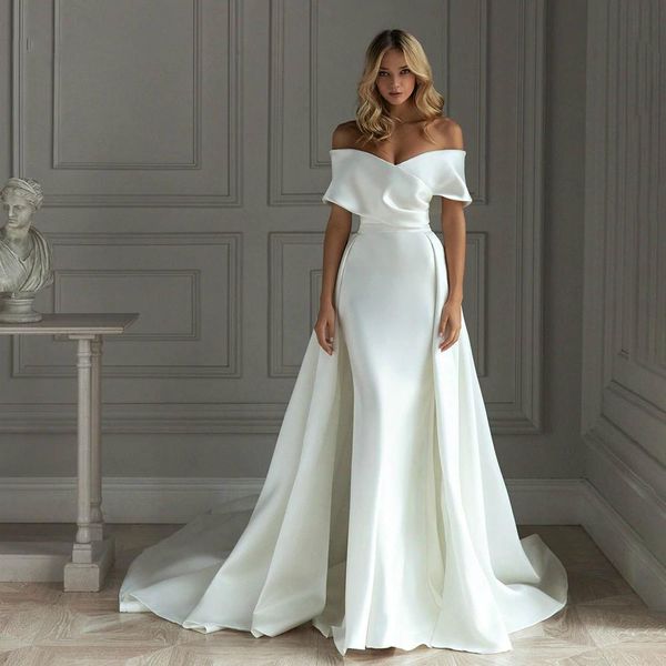 

2021 modext satin mermaid wedding dresses with detachable train off shoulder sweep train bride dress vestido de noiva, White