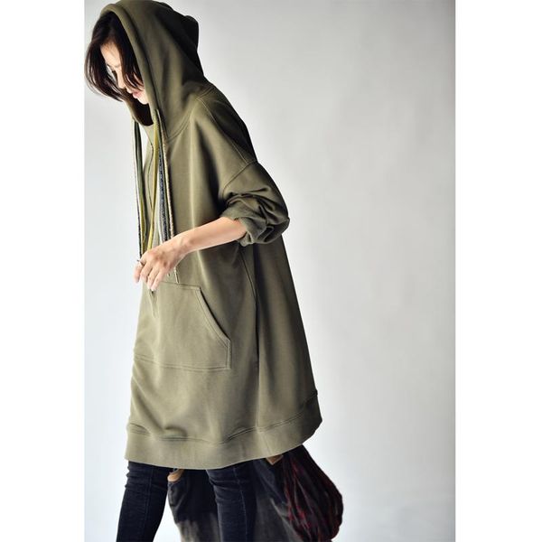 

micoco r2055c leisure and artistic kangaroo pocket colorful hat rope in the long hooded dress for women autumn, Black
