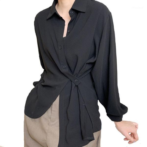 

irregular design button blouse loose long sleeve casual boyfriend style pure color blouse women female 2020 autumn 3 colors1, White