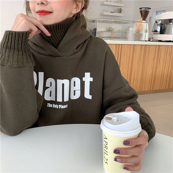 

new hong 2021 kong taste chic women's clothes students plus velvet high neck jacket hoodie winter tide khec, Black