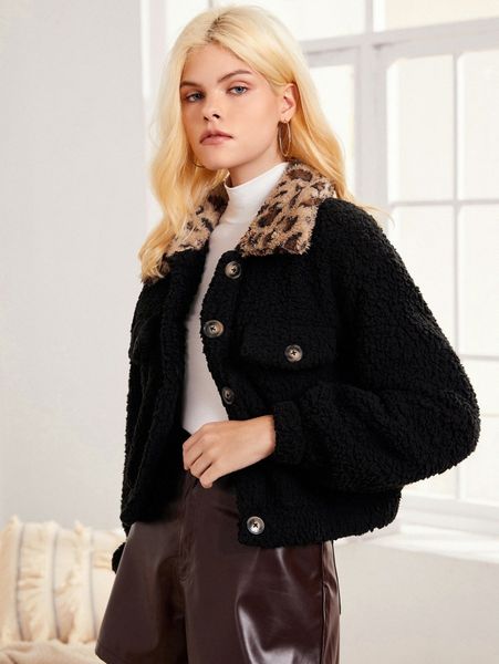 

leopard pattern drop shoulder teddy jacket i0kb#, Black;brown