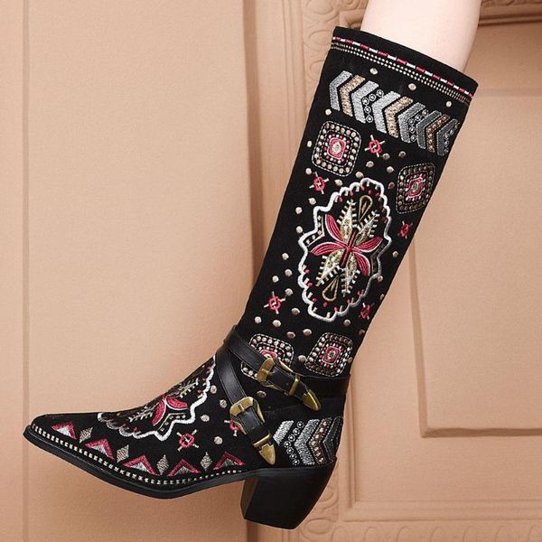

ribetrini large size 34-46 women embroider shoes women cow suede pointed toe thick high heels buckle boots rivet boots, Black