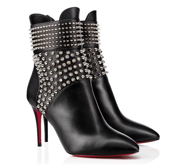 

winter elegant lady red bottom spikes boot ankle shoes sokate booty fashion women suede leather boots heels high party dress, Black