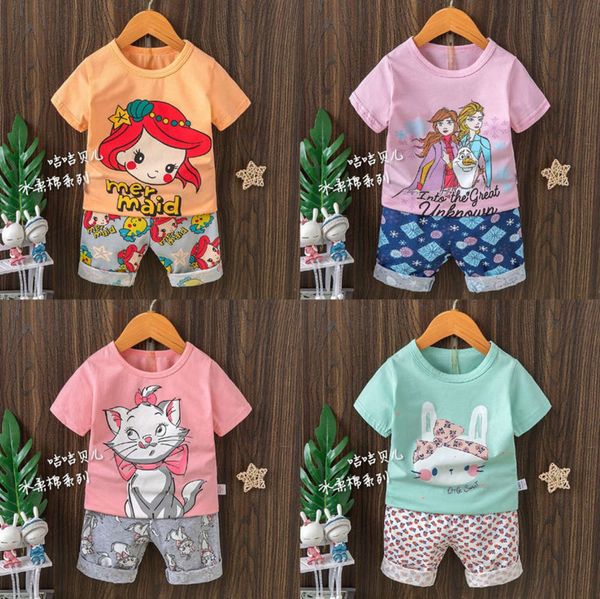 

children's korean 2021 short sve home wear summer pajamas suit girls' round neck cloth straight, Blue;red