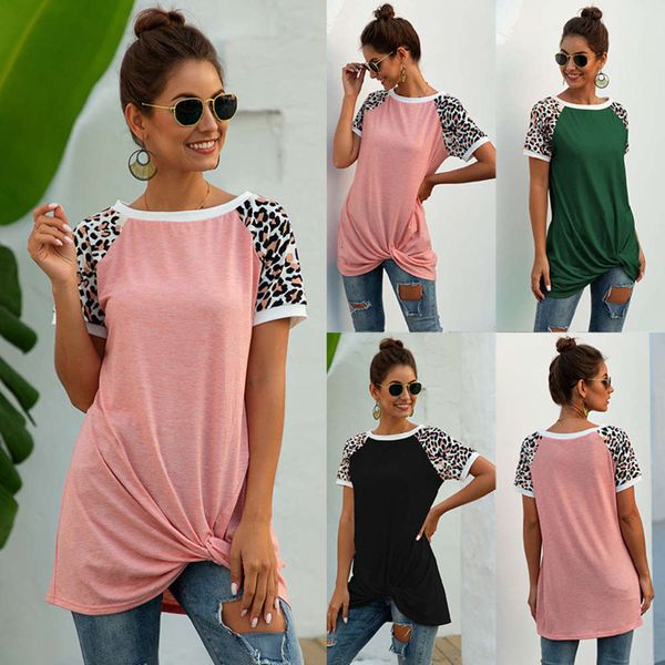

2020 summer women's t-shirt round neck leopard pattern stitching kink short sve, Black;gray