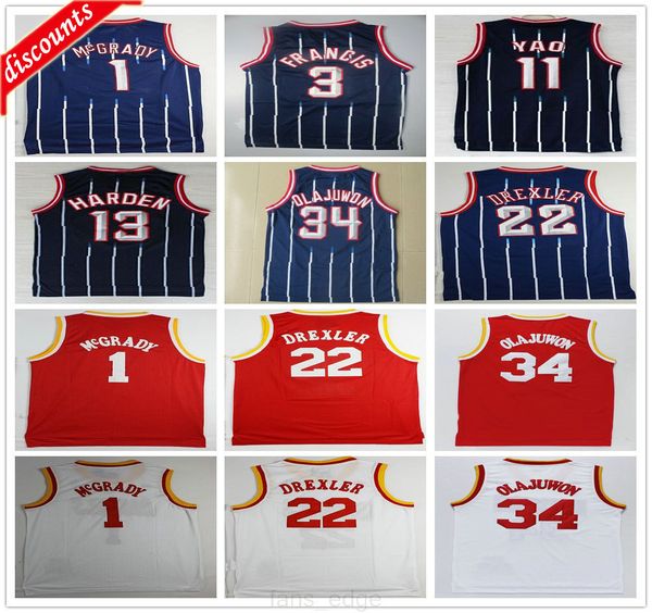 

retro vintage classic basketball 13 harden jerseys hakeem 34 olajuwon tracy steve mcgrady francis yao clyde ming drexler high quality, Black;red