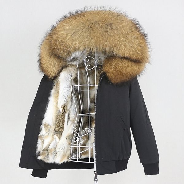 

oftbuy waterproof bomber parka winter jacket women real rabbit fur coat natural fox raccoon fur collar hood removable new 201125, Black