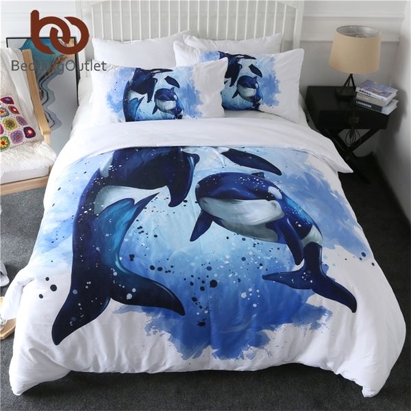 BeddingOutlet Set copripiumino Orcinus Orca Killer Whales copriletto Set biancheria da letto per la vita marina Copriletto acquerello blu oceano 3 pezzi 201210