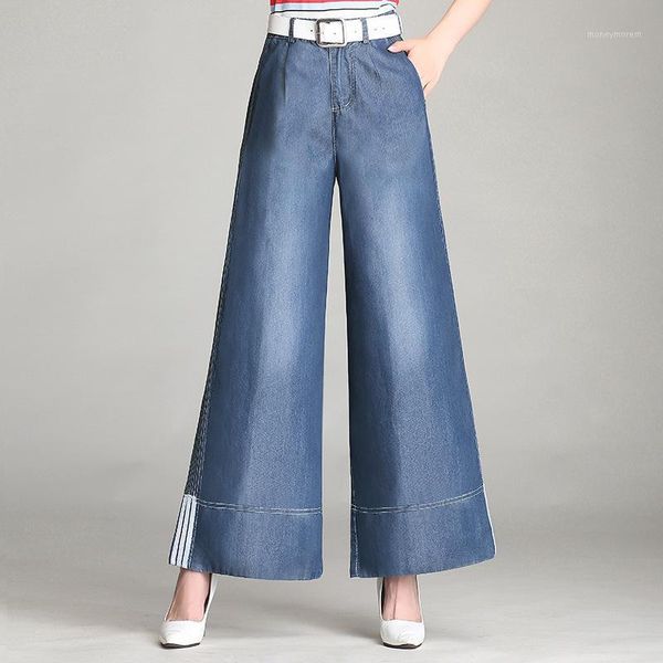 

women's jeans female summer thin section fashion wild stripes straight large size loose casual trousers tencel denim wide leg pants1, Blue