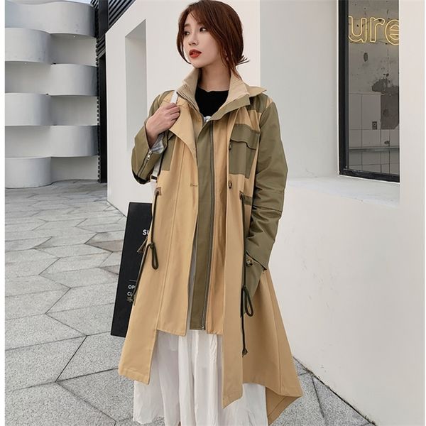 

[ewq] irregular double breasted turn-down collar trench coat elegant loose patchwork long coat pockets windbreaker khaki qb571 201031, Tan;black