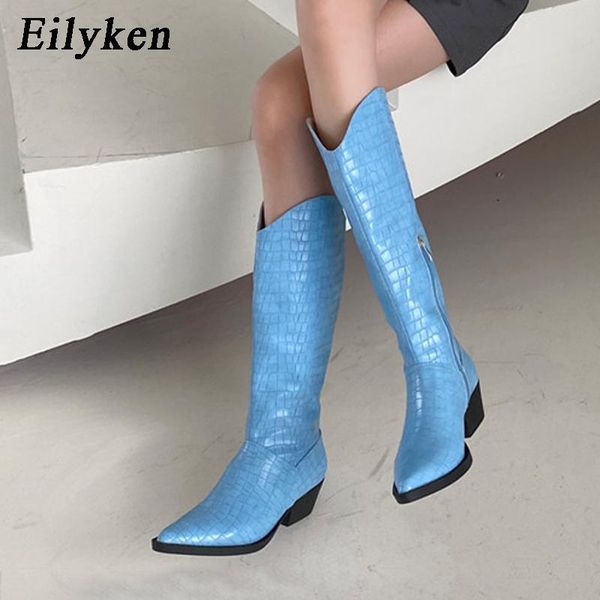 

eilyken 2020 new ins women winter designer pointed toe knee high boots fashion zip ladies shoes low heel western cowboy boot, Black