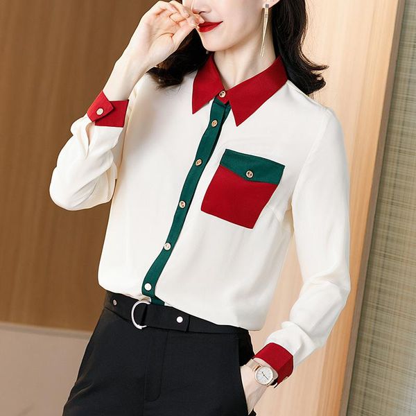 

элегантная мода 100% натуральный шелк женщин рубашки весна осень отложной воротник с длинным рукавом лоскутная real чистого шелка леди блуза, White