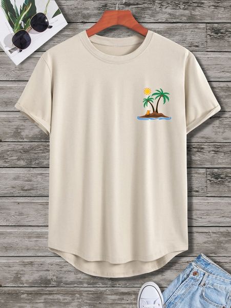 

men palm tree print high low tee 1079#, White;black