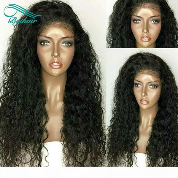 

bythair middle part pre plucked brazilian deep curly human hair wigs brazilian curly lace front wigs glueless full lace wigs bleached knots, Black;brown