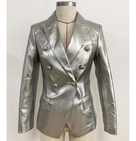 

classic style silver color faux leather blazers and jackets 2020 new women autumn winter double breasted pu jacket coat, Black