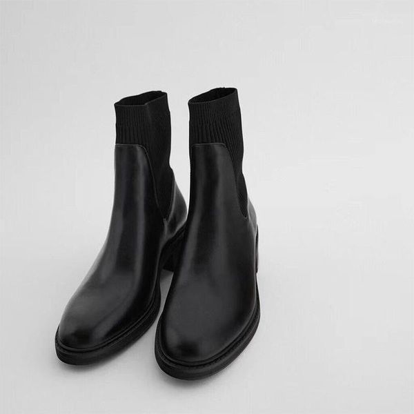 

round toe woman flat boots booties ladies women's low shoes boots-women winter footwear mid-calf black rubber mid calf1