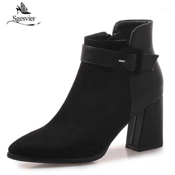 

boots sgesvier autumn winter woman side zipper thick heel shoes women buckle ankle plus size 32-47 ox5771, Black