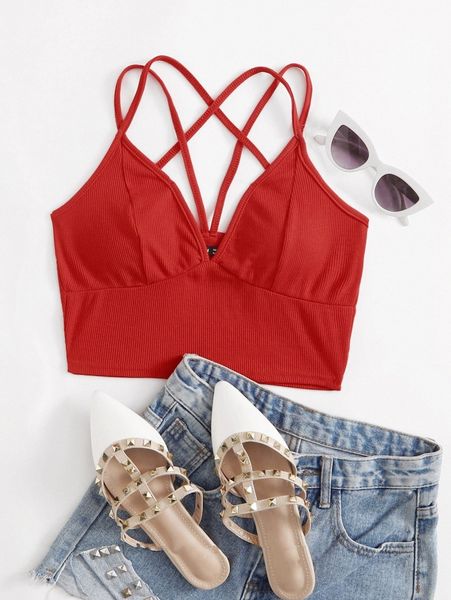 

caged back ribbed bralette t95t#, White