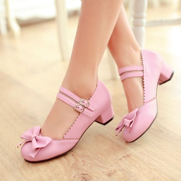 

pqecfs big size 30-50 spring & autumn fashion sweet solid women bowtie med heel square heel pumps 3 colors, Black