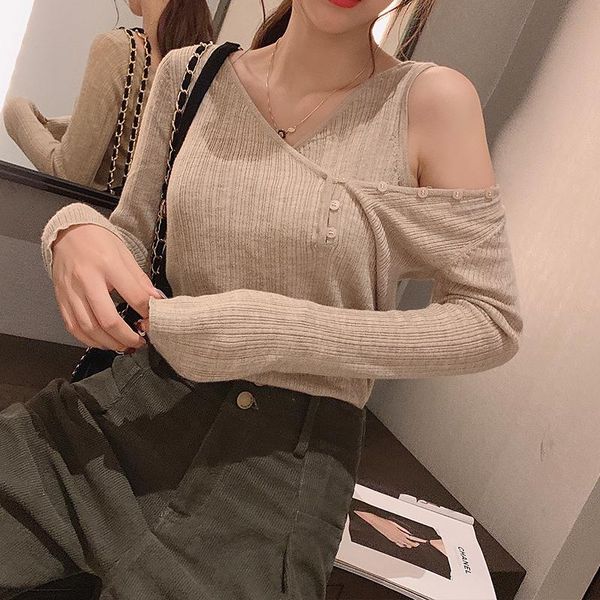 

mishow autumn basic solid slim fit off-the-shoulder knit sweater women vneck long sleeve pullover mx19d5452, White;black