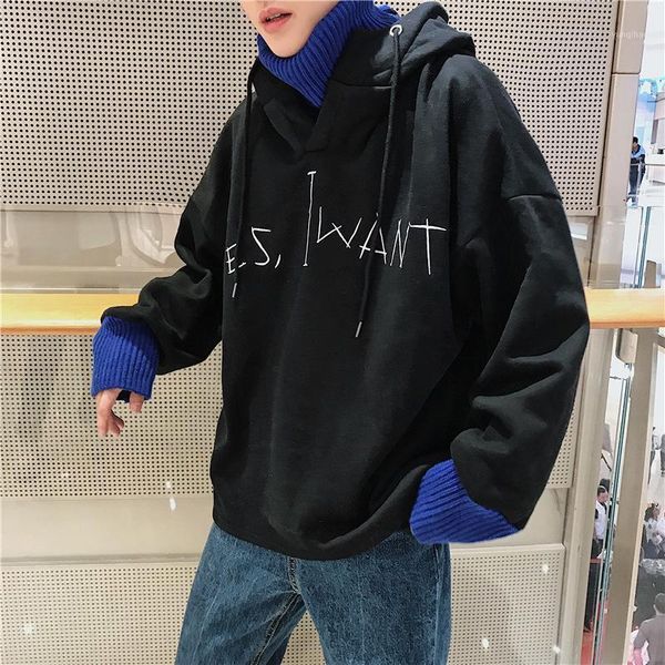 

spring autumn new men's fake two-piece high collar plus fleece hooded pullover hip-hop loose harajuku jacket sweatshirt1, Black