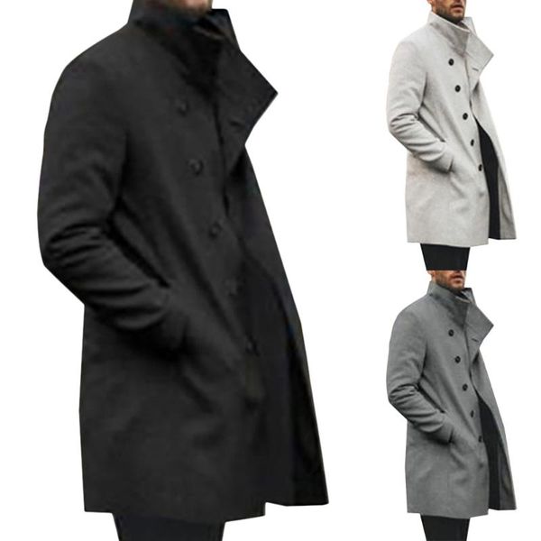 

mens england style winter overcoat long solid fashion turn-down collor trench single breatsted coat streetwear, Tan;black