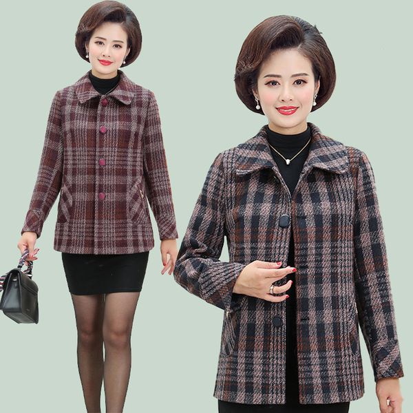

blended woolen coat 2021 spring autumn new women's wool plaid jacket middle-aged mother casual outerwear plus size 5xl w287, Black
