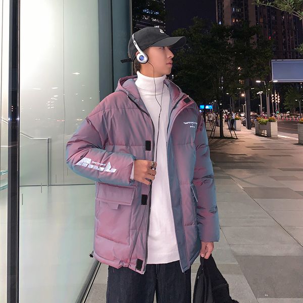 

new winter chameleon down men's loose and thickened cotton padded jacket reflective printing, Black