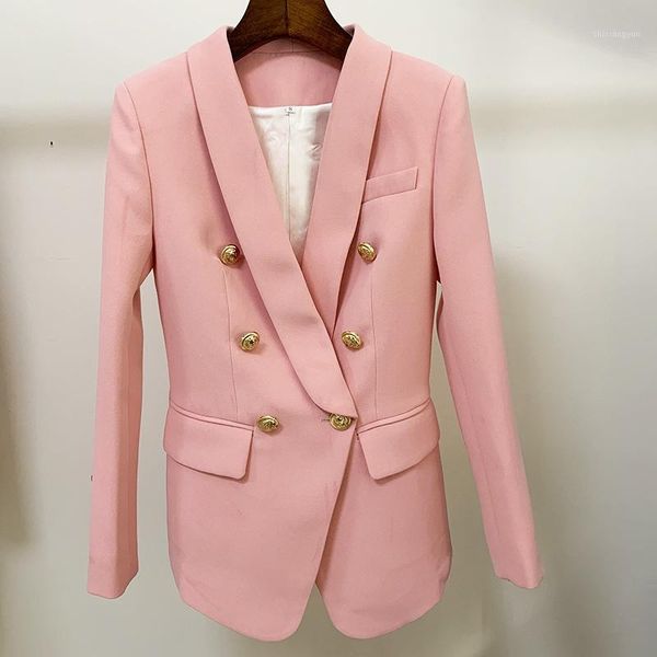 

2020 new pink blazer women suit classic gold double breasted button shawl collar slim office women blazer jacket, White;black