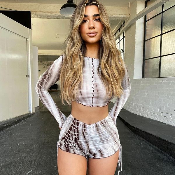 

new 2020ins autumn women's wear new long sleeve round t-shirt and shorts neck printed t-shirt high waist hip shorts casual suit xcuze, Gray