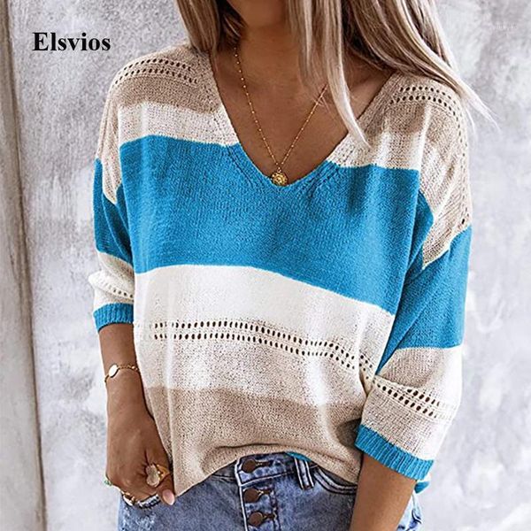 

casual patchwork striped women knitted sweater spring autumn three-quarter sleeve pullover ladies v neck hollow out sweater1, White;black