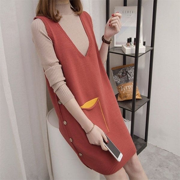 

spring autumn sleeveless sweater dress women v neck side buttons pockets sweater vest dress female pullover loose korean 201202, White;black