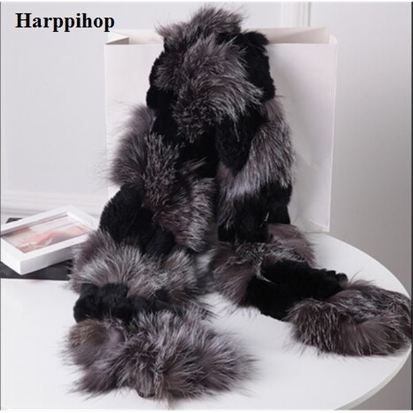 

harppihop silver fox fur black color new fox fur c/w rex rabbit fur scarf wrap cape shawl christmas gift birthday gift y200103, Blue;gray