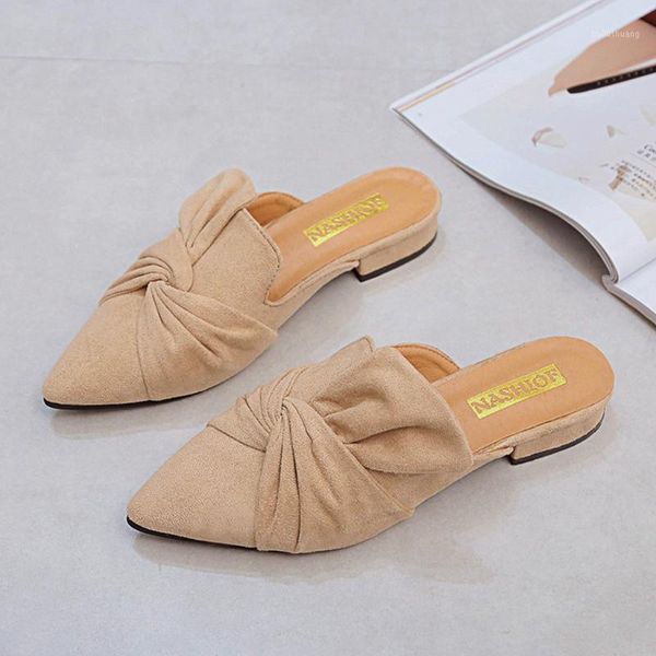 

women slippers summer mules shoes woman suede slide flock slippers female mules low heels pointed toe bowtie zapatos de mujer1, Black
