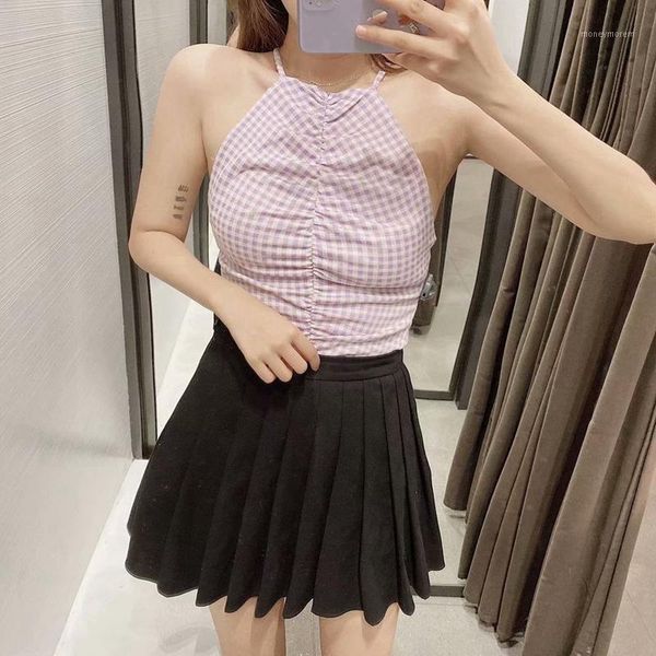 

women's tanks & camis pleatead crop fashion women solid summer female casual tank vest sleeveless cool streetwear club high st, White
