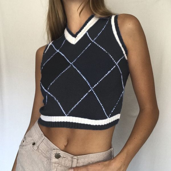 

y2k knitted sweater vest vintage argyle casual sleeveless crop cute women clothing red preppy style plaid tees streetwear y201128, Black;white