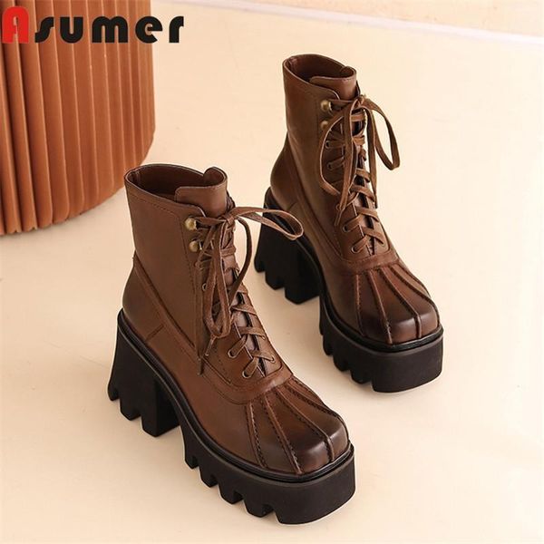 

boots asumer 2021 arrive genuine leather footwear woman square heel platform toe lace up vintage ankle women1, Black