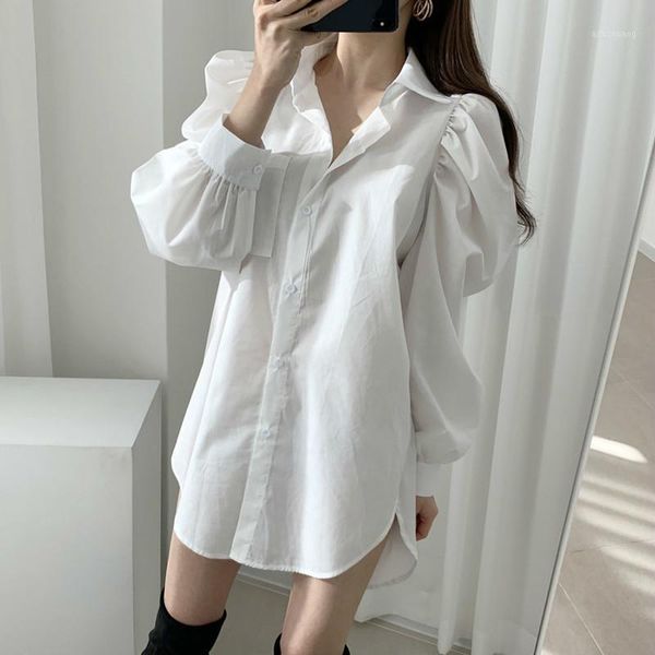 

ewq] 2020 minimalist women elegant long shirt turn down collar puff sleeve blouse female loose white office lady qz962001
